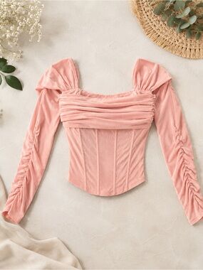 Women's Pink Velvet Ruched Long Sleeve Corset Top